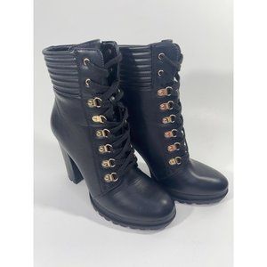 JustFab Black Faux Leather High Heel Lace-Up Boots With Gold Eyelets & Quilted S